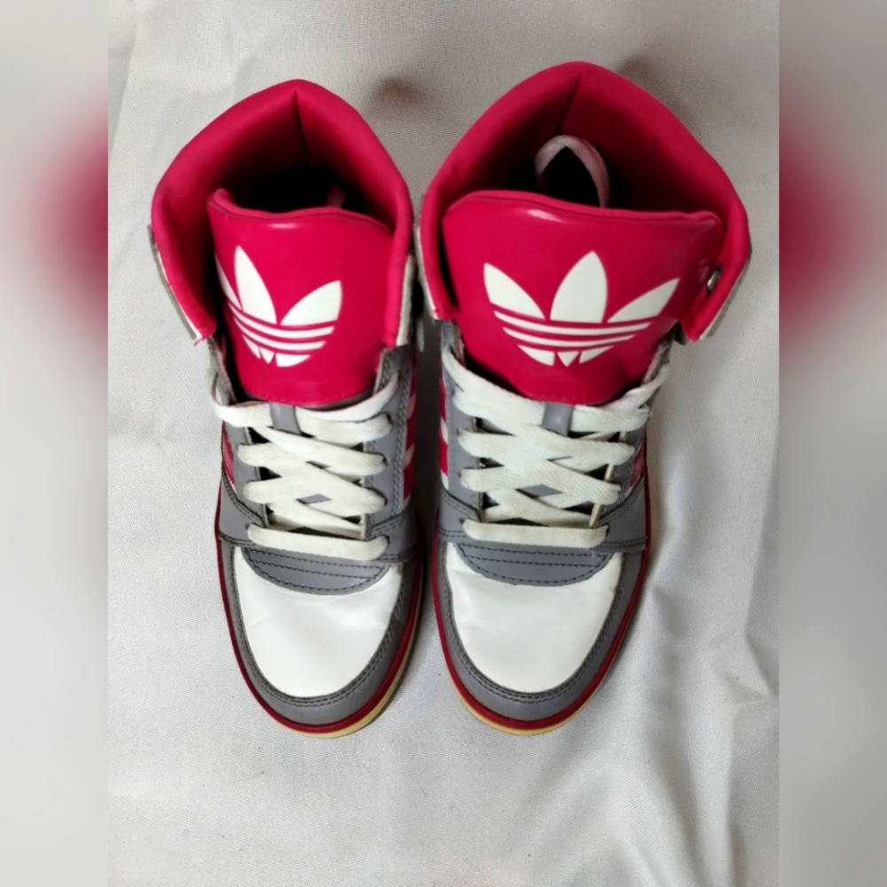 Adidas High Top Sneakers Tennis Shoes Size 5.5 Pink, White, Grey